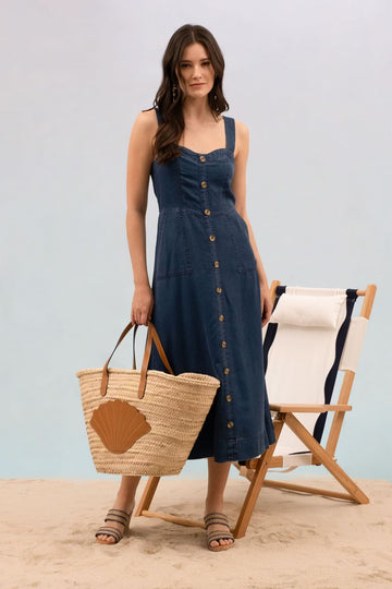 Stylish Denim Dress With Organza Sleeve Panels.