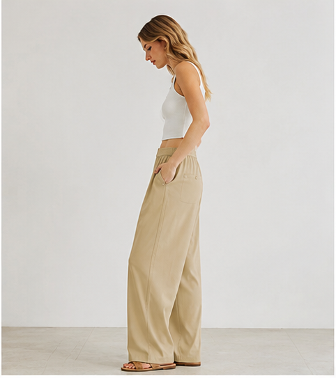 Khaki loose-fitting straight-leg wide-leg casual pants