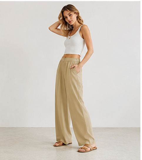 Khaki loose-fitting straight-leg wide-leg casual pants
