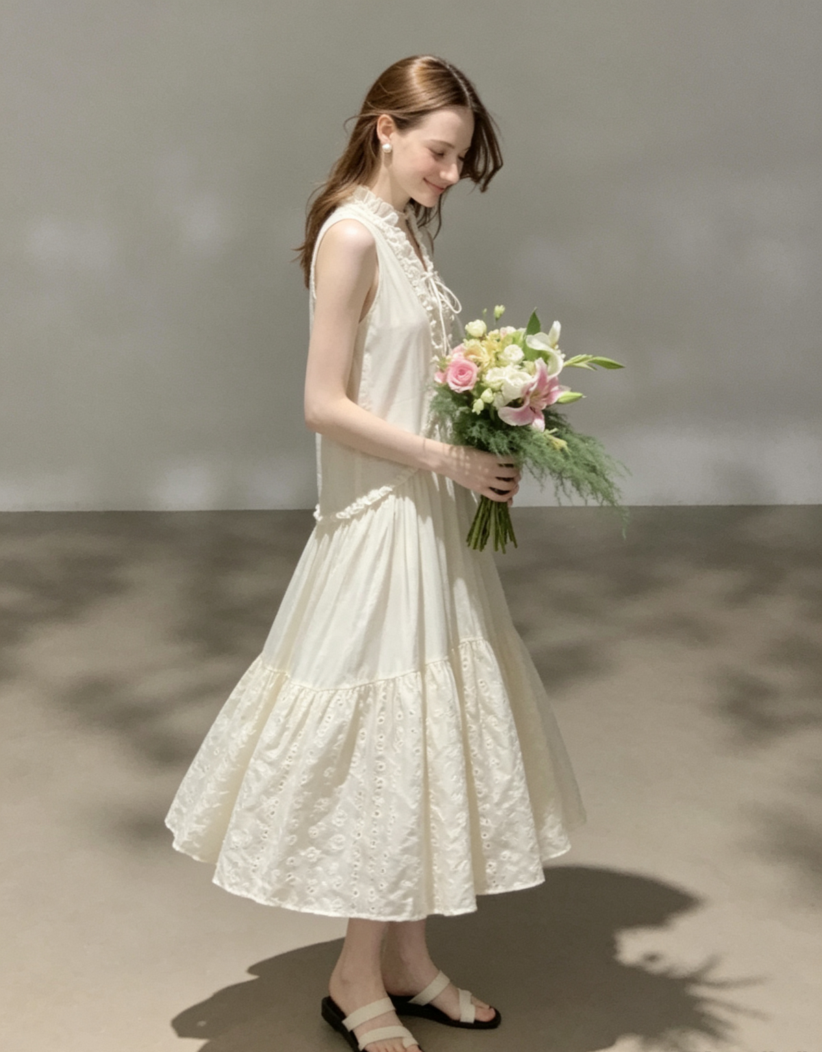Off-white sleeveless lace-trimmed drawstring maxi dress