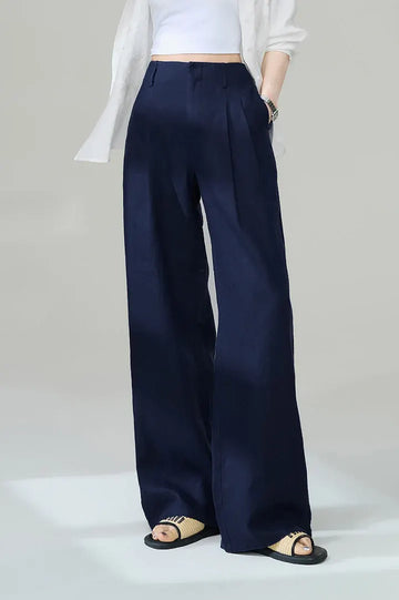 Navy Blue 100 Linen High-Waisted Puddle Pants