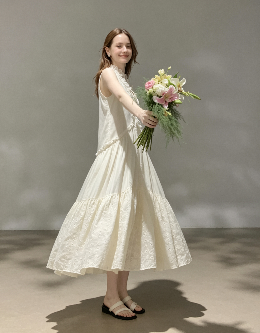 Off-white sleeveless lace-trimmed drawstring maxi dress
