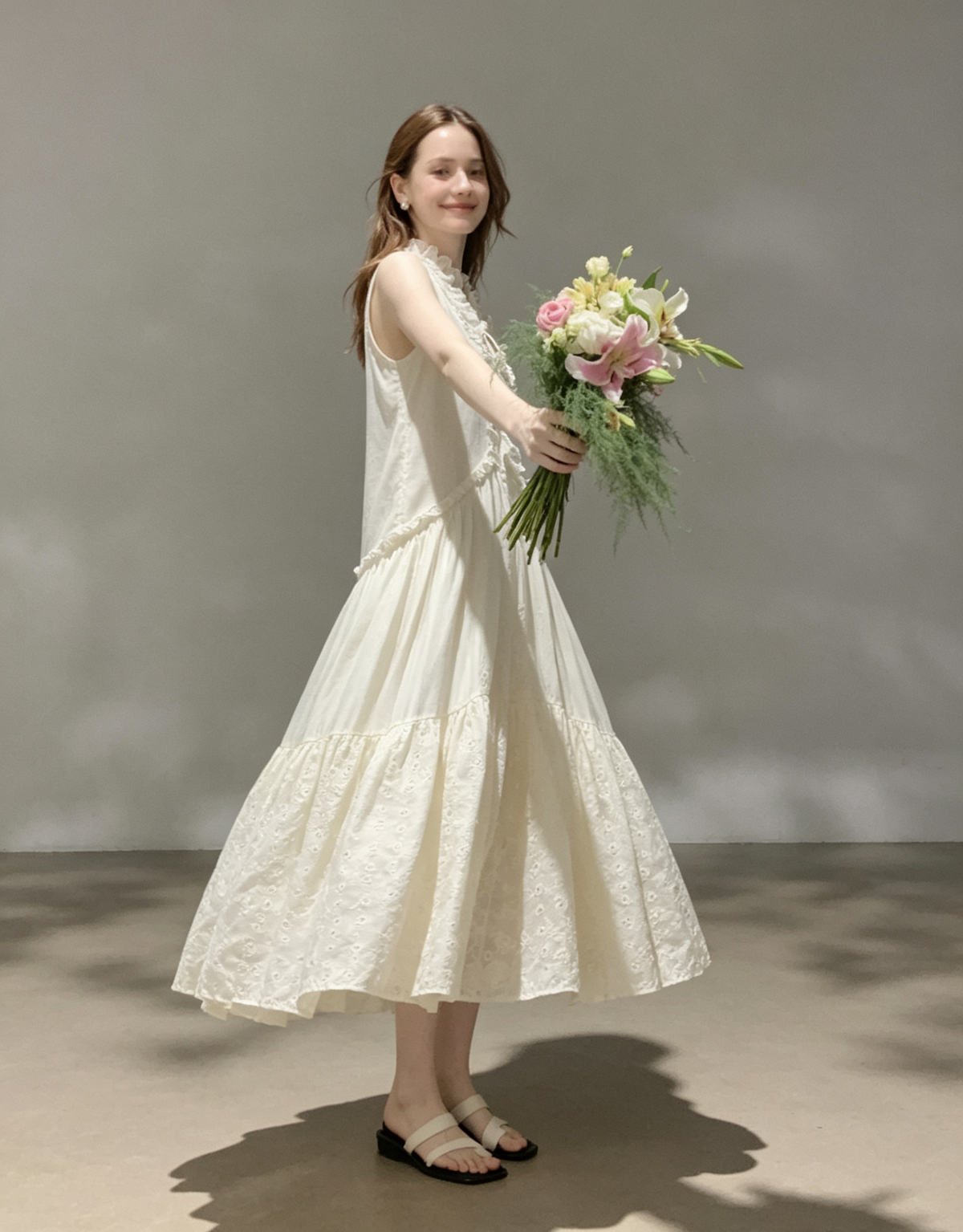 Off-white sleeveless lace-trimmed drawstring maxi dress