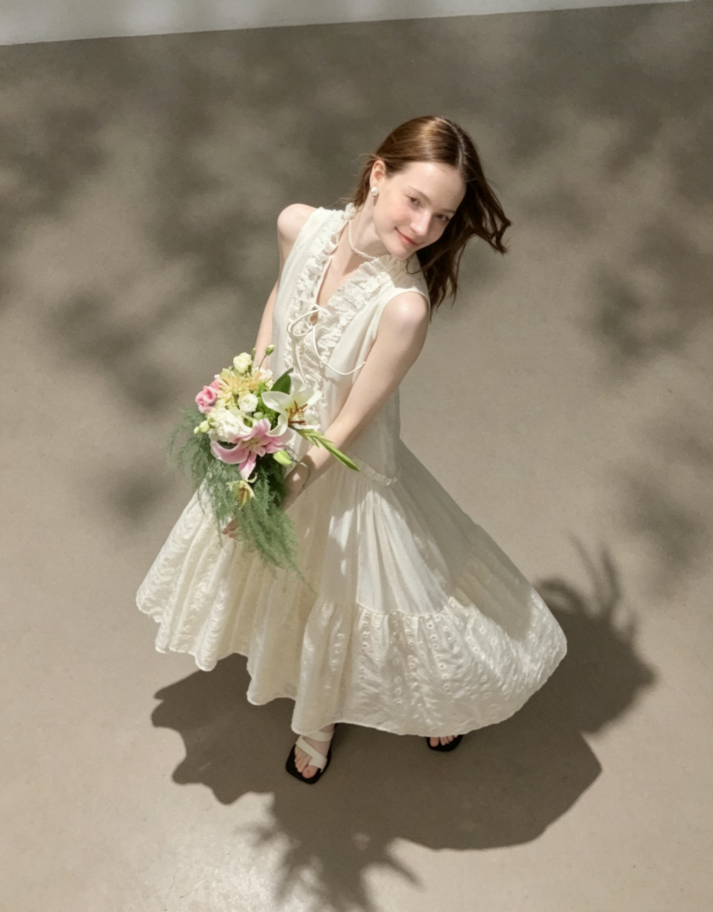 Off-white sleeveless lace-trimmed drawstring maxi dress