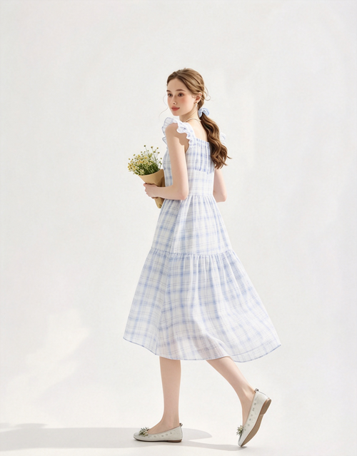 Blue plaid ruffled square neck midi dress