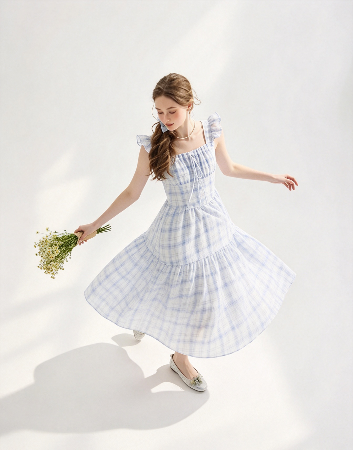 Blue plaid ruffled square neck midi dress
