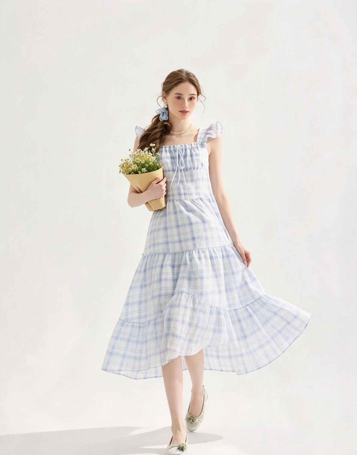 Blue plaid ruffled square neck midi dress