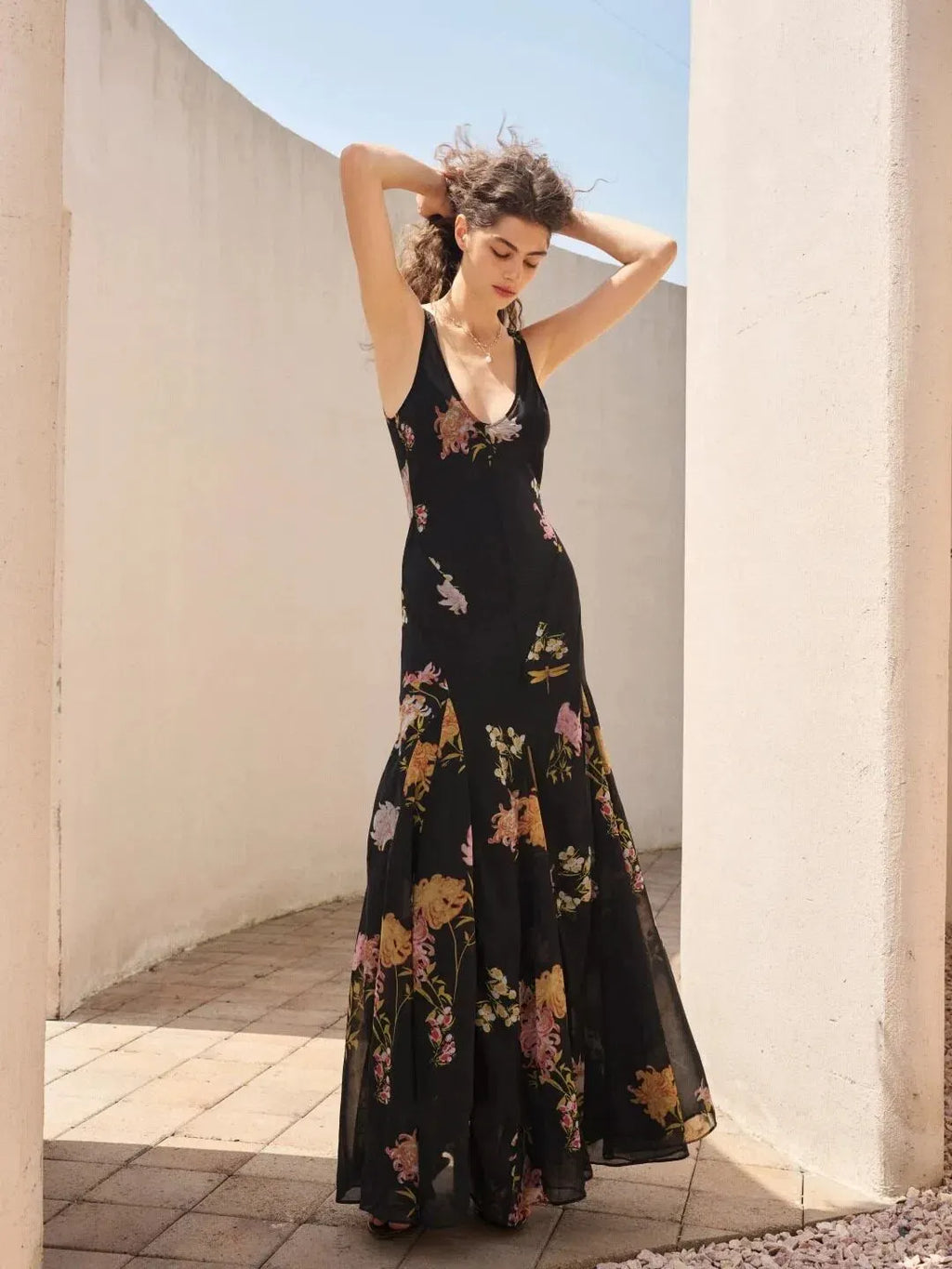 Black printed spaghetti strap maxi dress for women