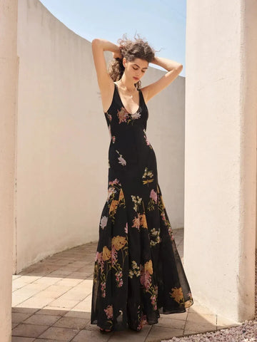 Black printed spaghetti strap maxi dress for women