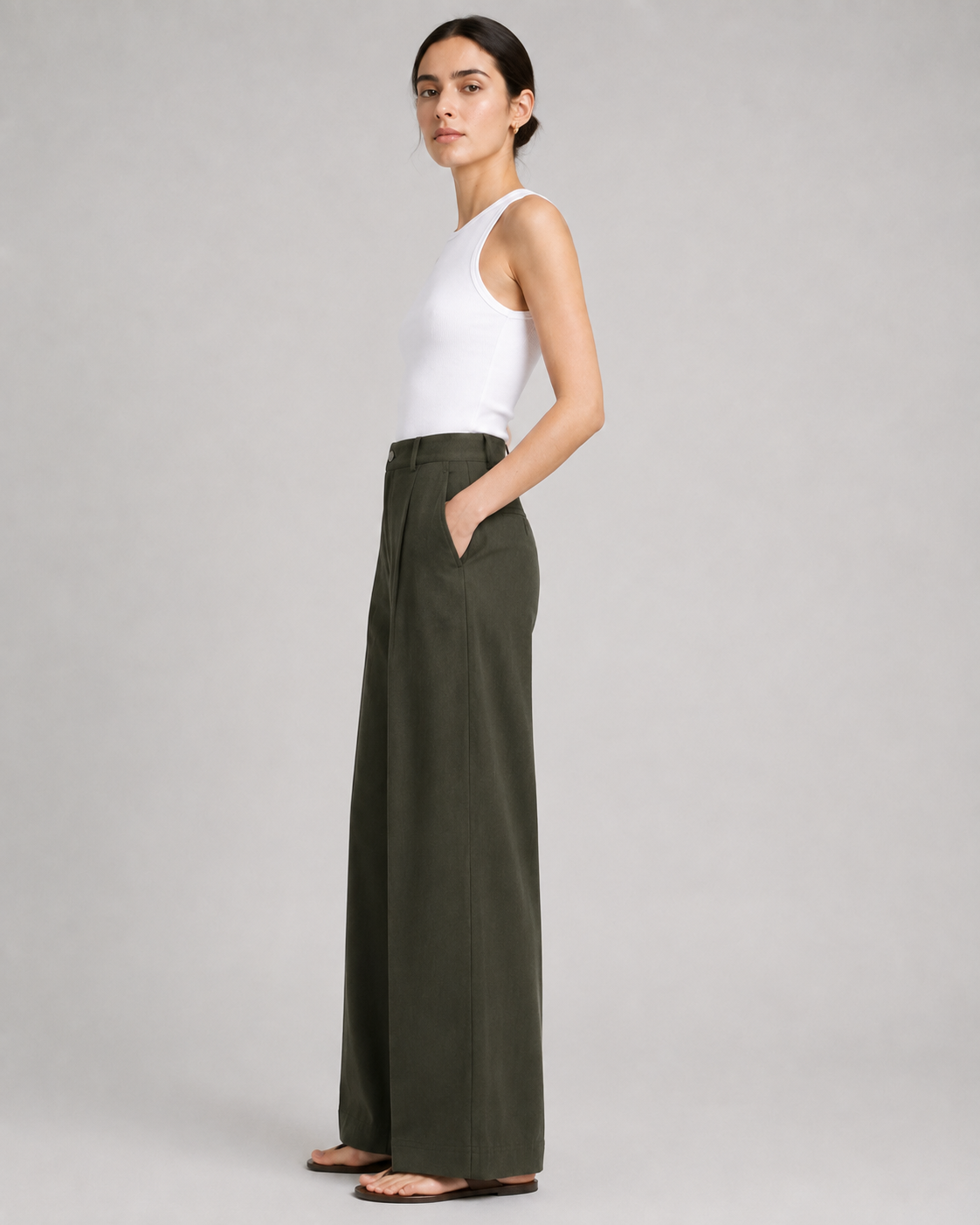 Olive green high-waisted wide-leg pants