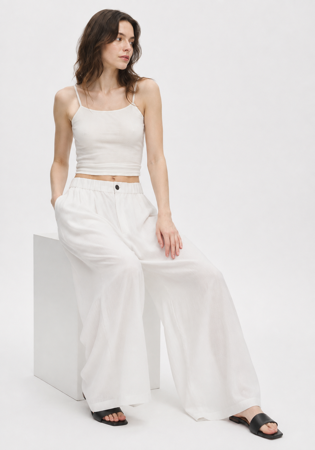 White high-waisted elasticated wide-leg pants