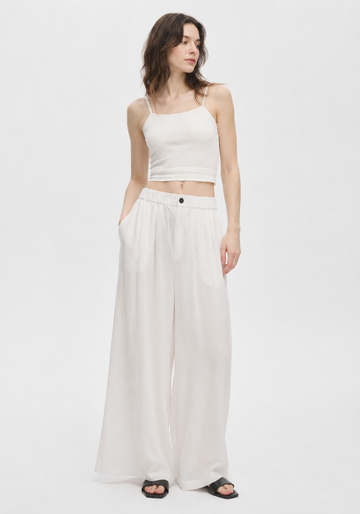 White high-waisted elasticated wide-leg pants