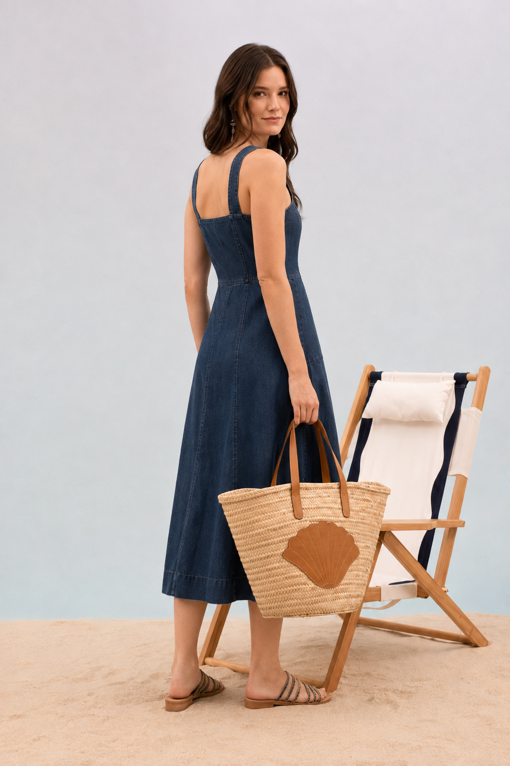 Stylish Denim Dress With Organza Sleeve Panels.