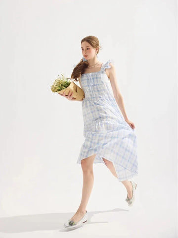 Blue plaid ruffled square neck midi dress