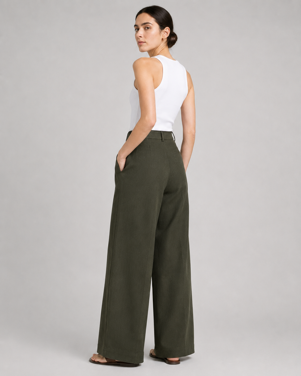 Olive green high-waisted wide-leg pants