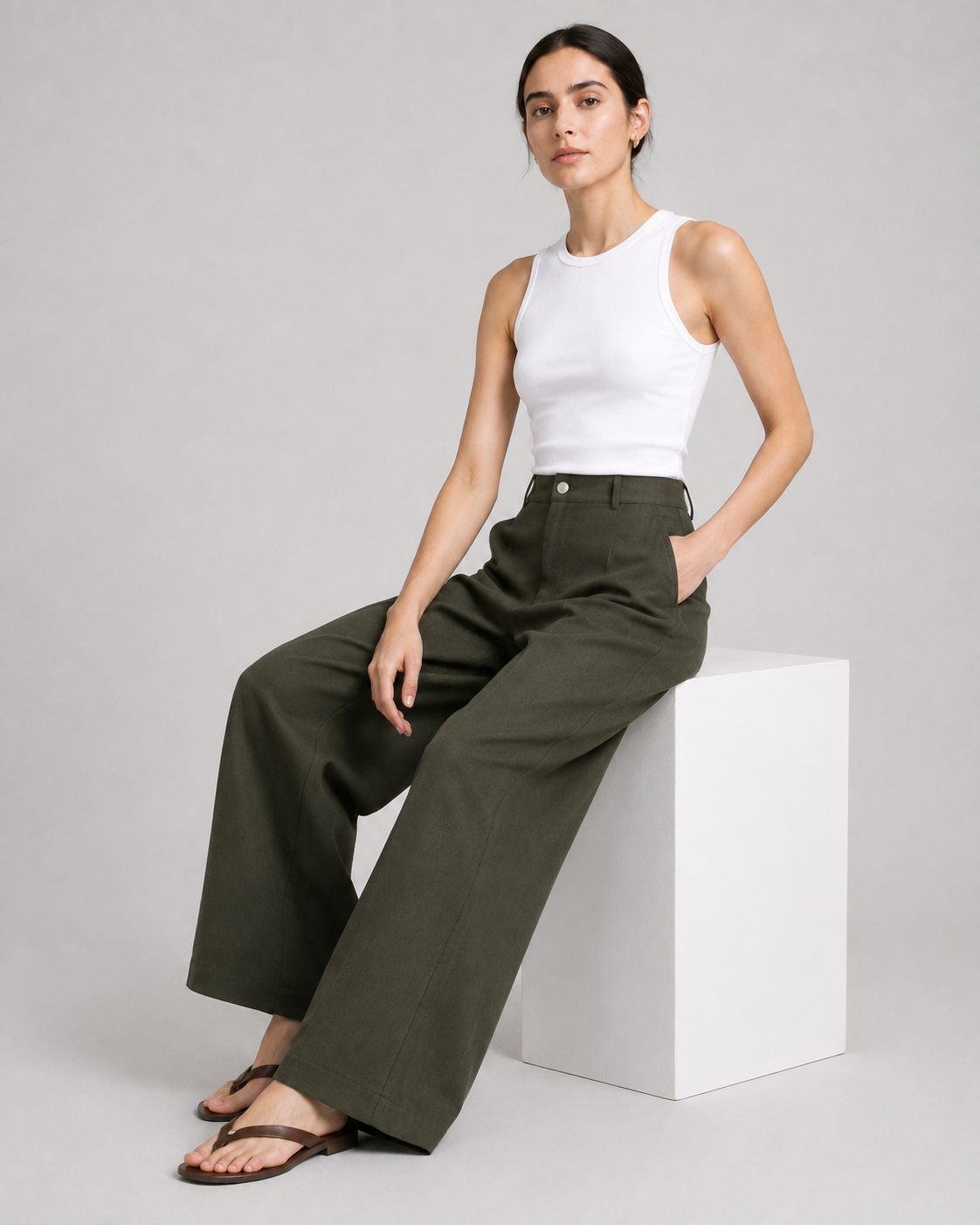 Olive green high-waisted wide-leg pants