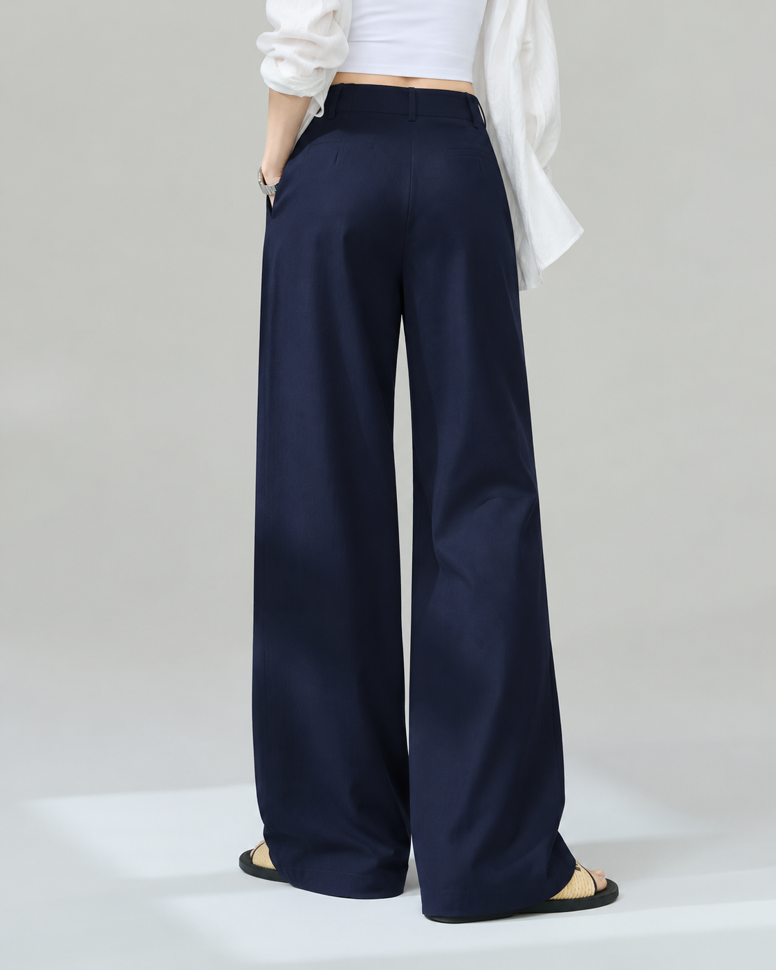 Navy Blue 100 Linen High-Waisted Puddle Pants