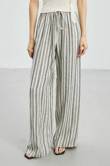 Linen Striped Wide-Leg Drawstring Pants