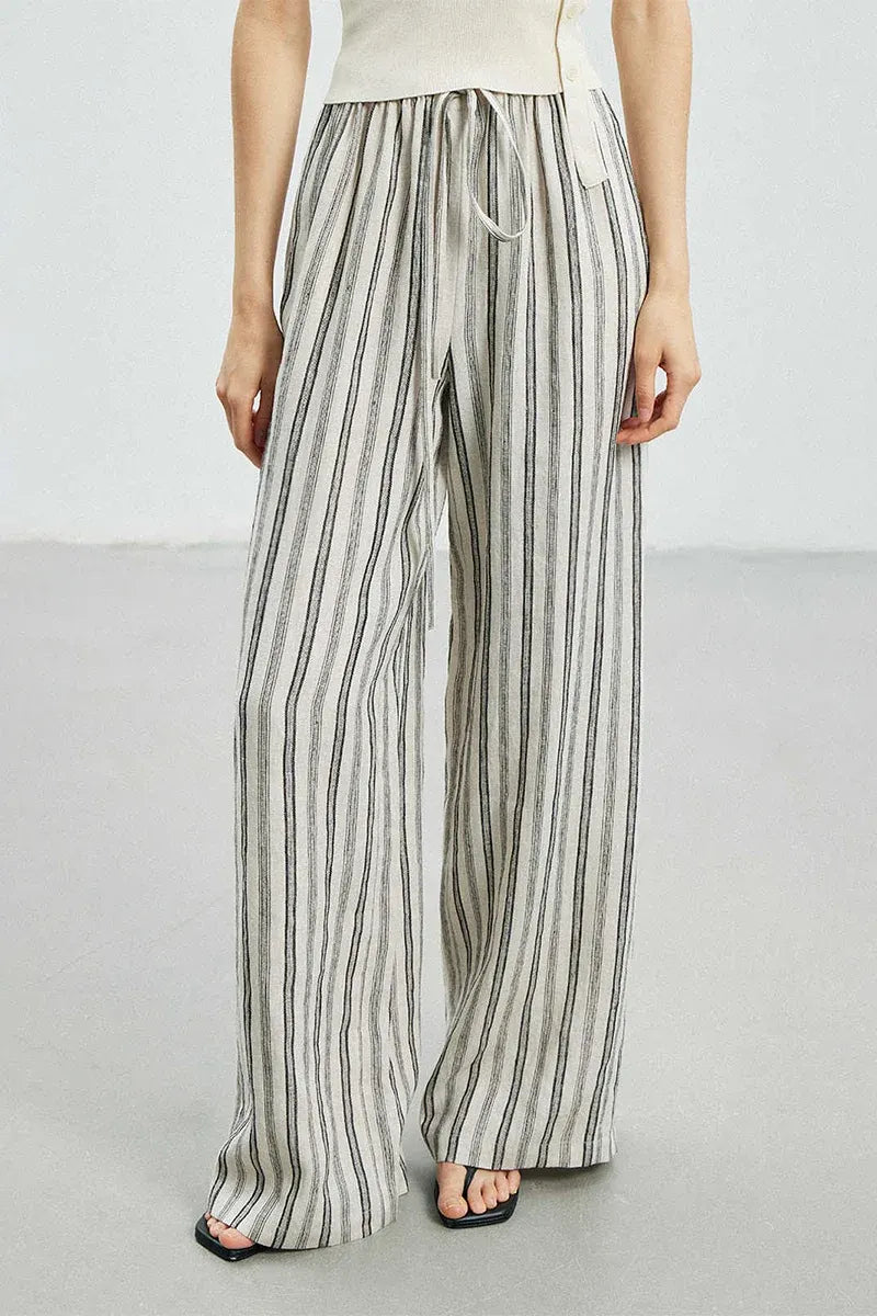 Linen Striped Wide-Leg Drawstring Pants