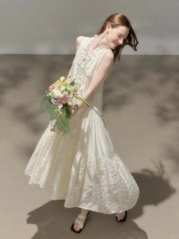 Off-white sleeveless lace-trimmed drawstring maxi dress
