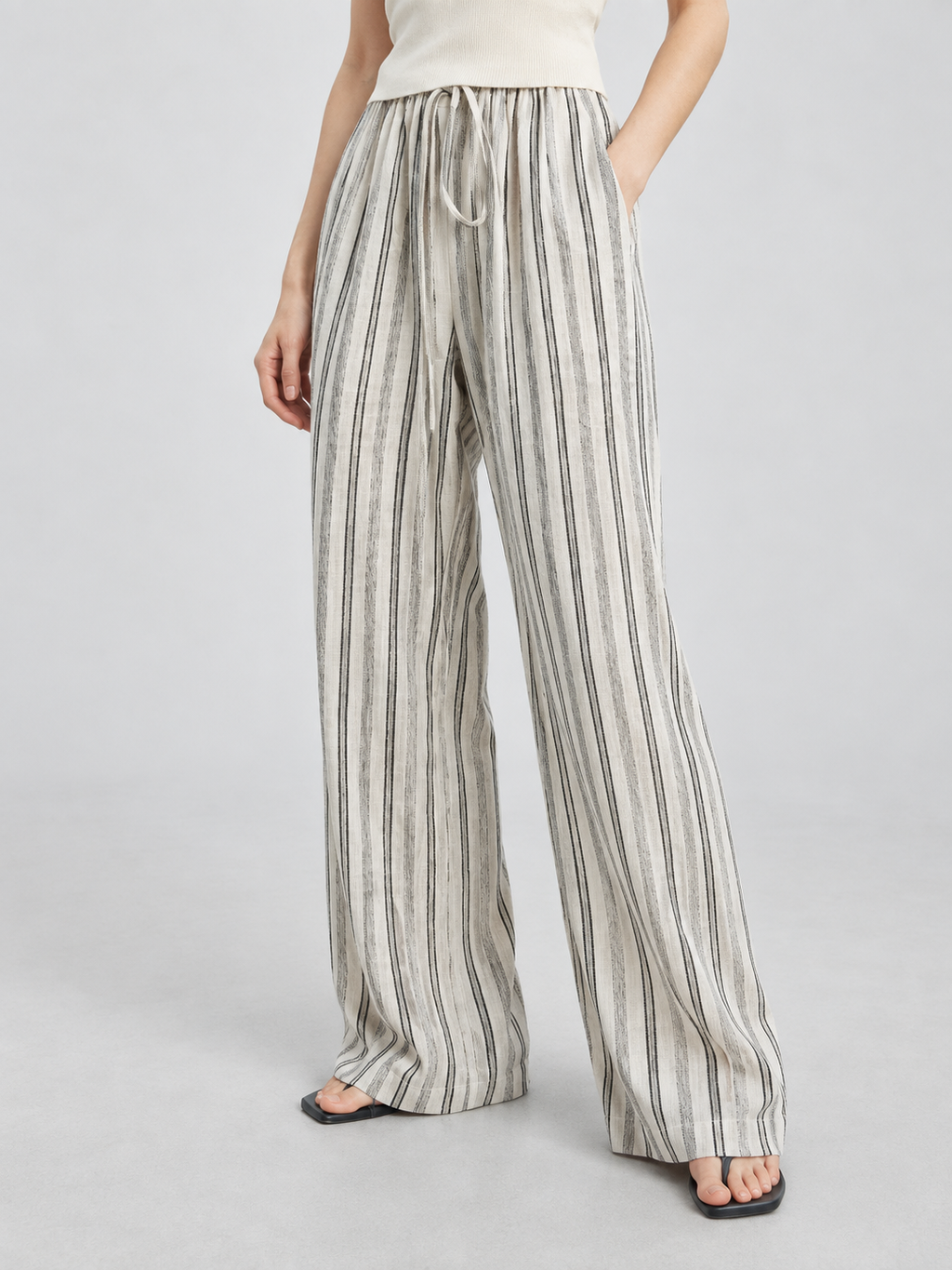 Linen Striped Wide-Leg Drawstring Pants