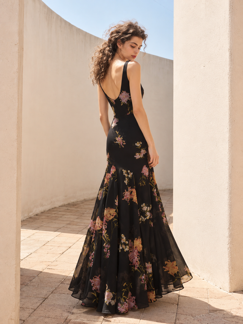 Black printed spaghetti strap maxi dress for women